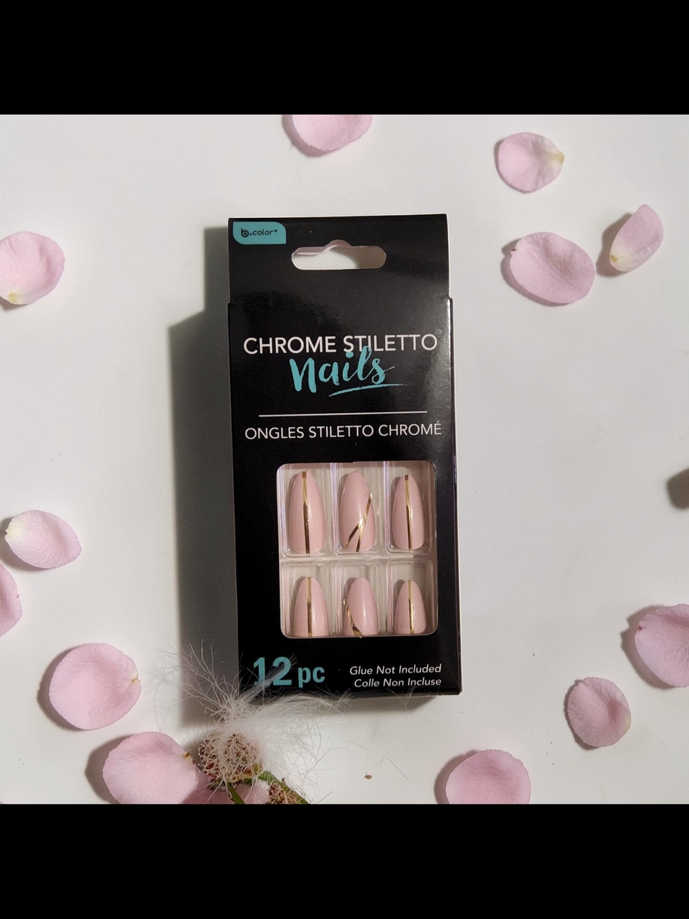 10 / $10 Chrome Stiletto Press-On Nails in Blush Pink with Gold Stripe